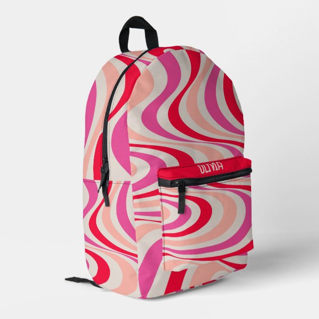 Rosa, rot und grau, abstrakte Retro-Swirbel-Optik Bedruckter Rucksack (Rückseitige Ecke links)