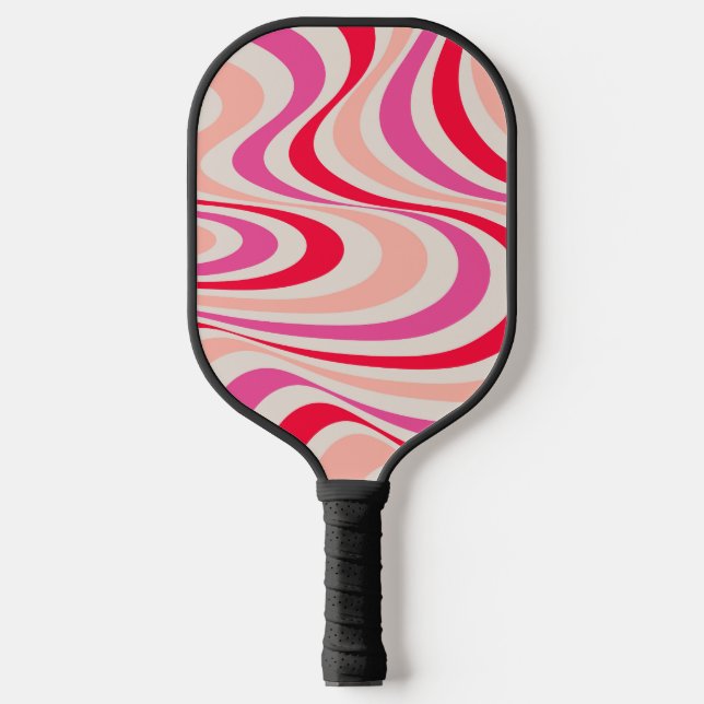 Rosa, rot und grau, abstrakte Retro-Swirbel-Optik Pickleball Schläger (Vorderseite)