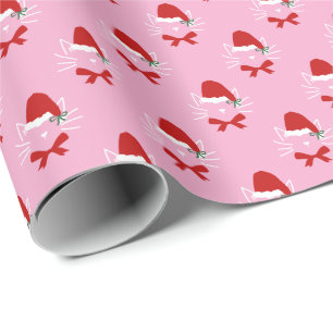 Rosa Rot Weiße Weihnachtsmannmütze Schleife Katze Geschenkpapier