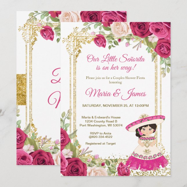 Rosa rote Blume Mexikanische Fiesta Couple Dusche Einladung (Vorne/Hinten)