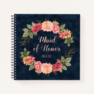 Rosa rote Blumen Navy Blau Brautjungfer Ehren Brau Notizbuch