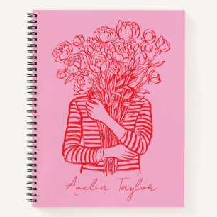 Rosa rote Blumenskizze-Trendy Personalisiert Notizbuch
