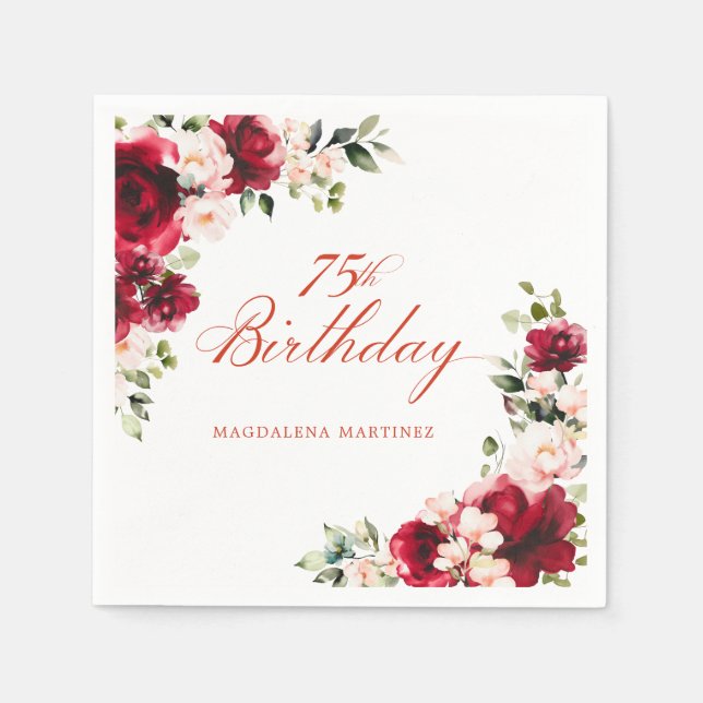 Rosa Rote Blüte 75. Geburtstag Custom Cocktail Serviette (Vorderseite)
