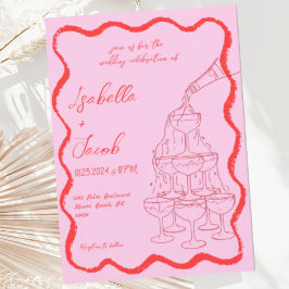 Rosa Rote Champagner Tower Wavy Hand Drawn Wedding Einladung