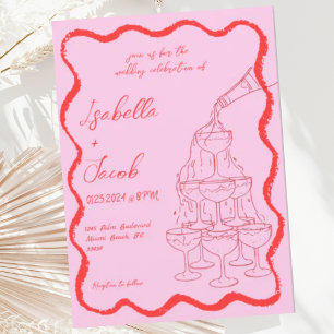 Rosa Rote Champagner Tower Wavy Hand Drawn Wedding Einladung