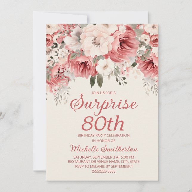 Rosa Rote Creme Wasserfarben Flora Überraschung 80 Einladung (Vorderseite)