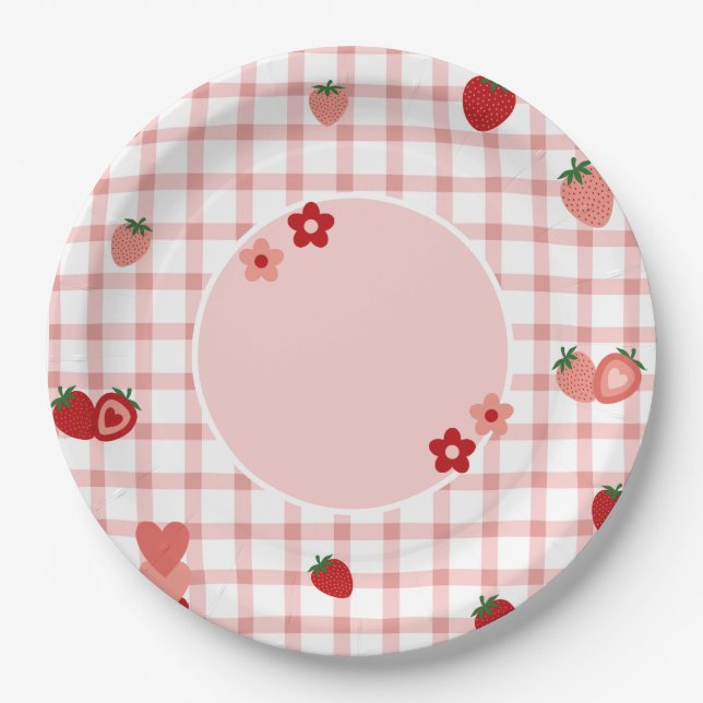 Rosa, Rote Erdbeere und Blume Pappteller (Vorderseite)