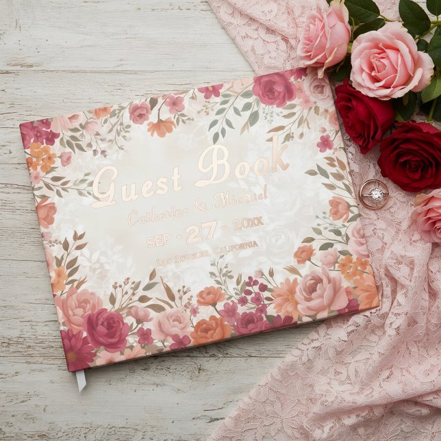 Rosa & rote florale Frühlingshochzeit Gästebuch (Flat lay pink red watercolor floral vintage spring garden foil wedding guest book )