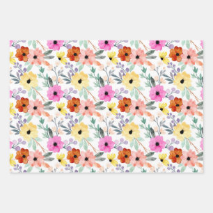 Rosa, rote, gelbe Blumen Wasserfarbe Geschenkpapier Set