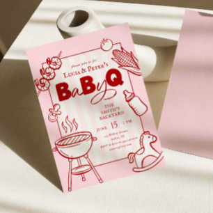 Rosa & rote gepunktete BBQ-Paar-Baby-Q-Baby-Shower Einladung