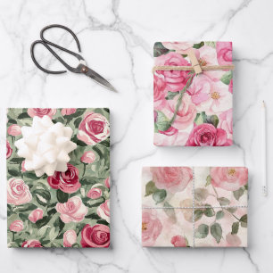 Rosa rote grüne Rosen Floral Brautparty Geschenkpapier Set