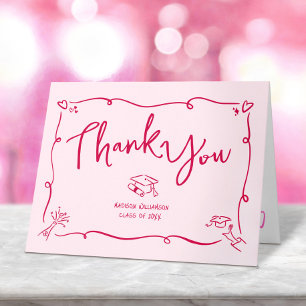 Rosa Rote Handgezeichnete Doodle-Style-Abschlussfe Dankeskarte