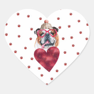 Rosa rote Pfoten Englische Bulldogge Hund Valentin Herz-Aufkleber