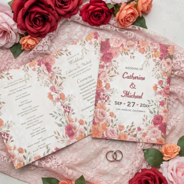 rosa & rote romantische Frühlingshochzeit Programm (Top view of pink red orange watercolor floral spring wedding program)