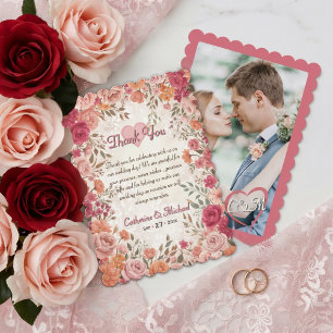 Rosa & Rote Romantische Rosen-Frühlings-Blumenhoch Dankeskarte