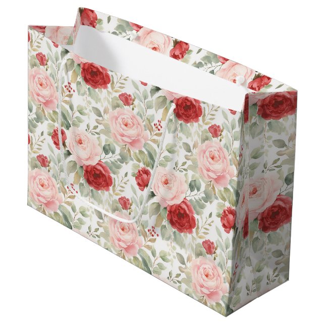 Rosa rote Rosen Blumen Brautparty Große Geschenktüte (Vorderseite Schrägansicht)