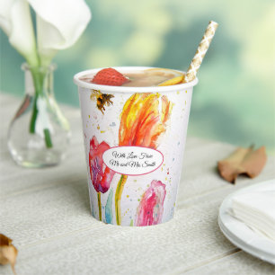 Rosa rote Tulpe und Biene Aquarellmalerei Hochzeit Pappbecher