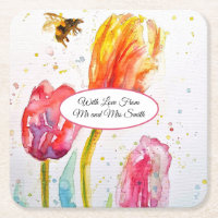 Rosa rote Tulpe und Biene Aquarellmalerei Hochzeit