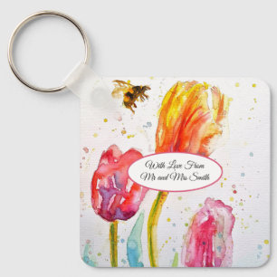 Rosa rote Tulpe und Biene Aquarellmalerei Hochzeit Schlüsselanhänger