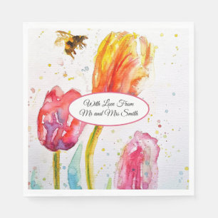 Rosa rote Tulpe und Biene Aquarellmalerei Hochzeit Serviette