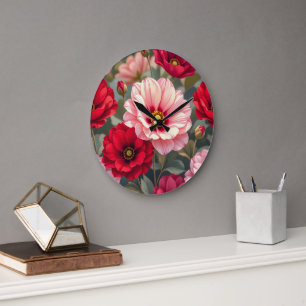 Rosa, rote und mauvefarbene Blumen Große Wanduhr