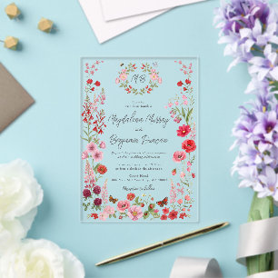 Rosa & Rote Wildblumen-Wiese Whimsical-Hochzeit Acryleinladungen