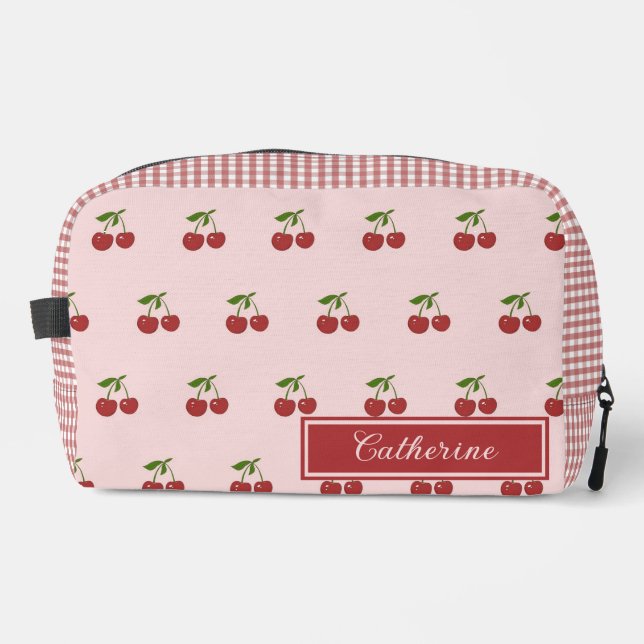 Rosa rotes Kirsch-Gingham-Muster einfaches Obst Waschbeutel (Vorderseite)