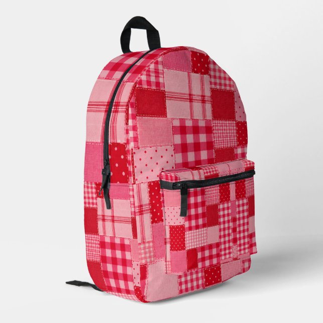 Rosa rotes Patchworkmuster Bedruckter Rucksack (Rückseitige Ecke links)