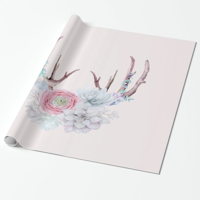 Rosa Rotwild-Geweih-Blumensucculent-Garten Geschenkpapier (Ungerollt)