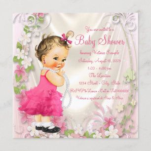 Rosa Rüsche-Kleider-und Perlen-Mädchen-Babyparty Einladung
