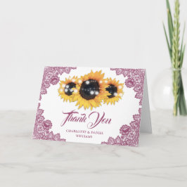 Rosa Rustikale Blumen-Spitzen-Sonnenblumen-Hochzei Dankeskarte
