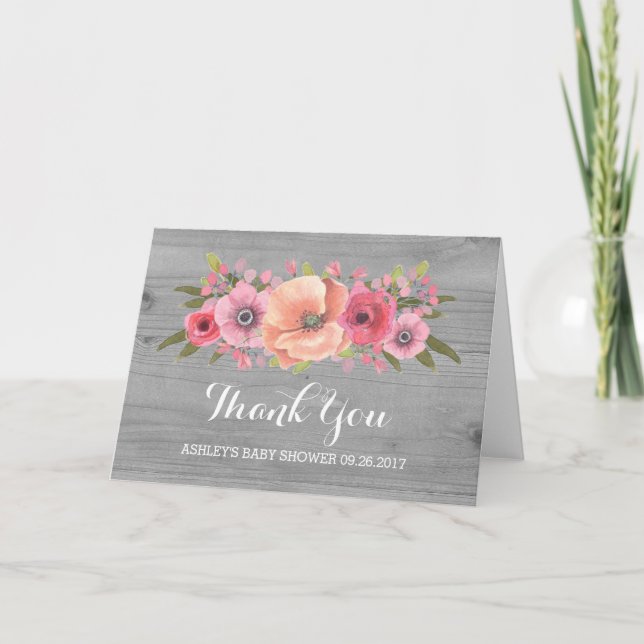 Rosa rustikale hölzerne mit BlumenBabyparty danken Dankeskarte (Vorderseite)