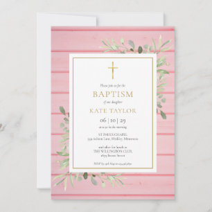 Rosa Rustikale Holzgrün Taufe Christening Einladung