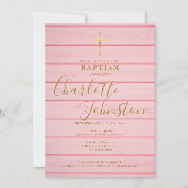 Rosa Rustikale Holzschrift Taufe Christening Einladung (Vorderseite)