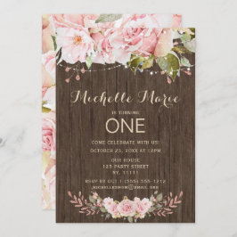 Rosa Rustikale Lichter Erster Geburtstag Einladung