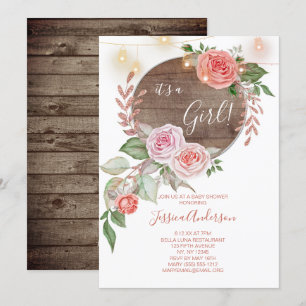 Rosa rustikale mit BlumenBabyparty Einladung
