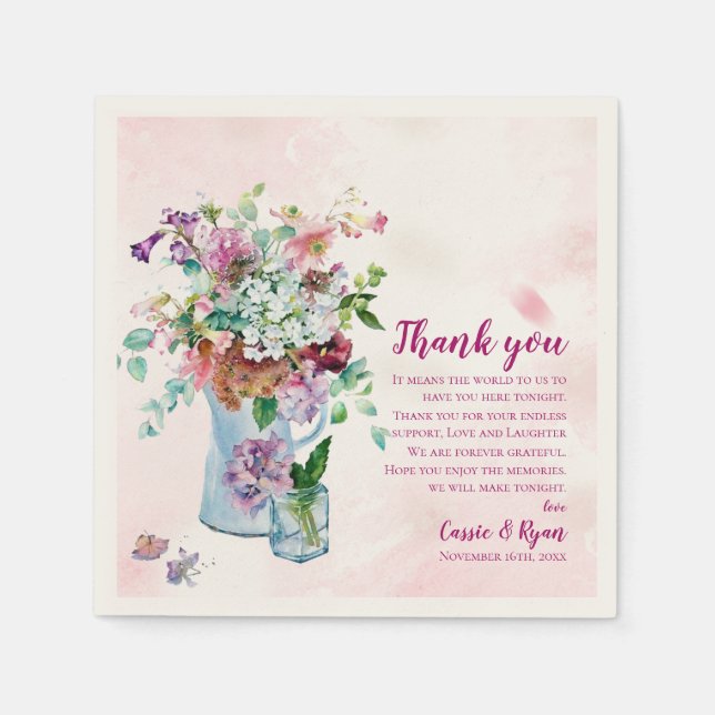 Rosa rustikale Wildblume Hochzeit Danke Nachricht Serviette (Vorderseite)