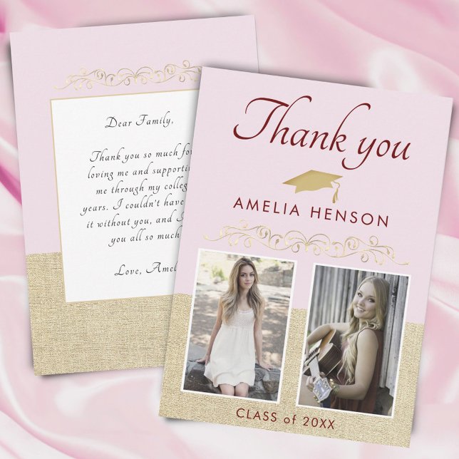 Rosa Rustikales Elegantes Ornament 2 Foto Abschlus Dankeskarte (Von Creator hochgeladen)