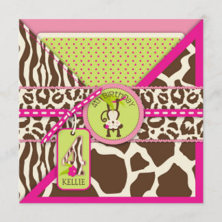 Rosa Safari-Dschungel-Affe-vierter Geburtstag Einladung