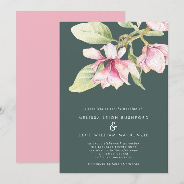 Rosa & Sage Green Magnolia Hochzeitseinladung Einladung (Vorne/Hinten)