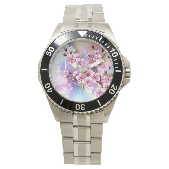 Rosa Sakura auf dem Hintergrund der Malerei Armbanduhr (Vorderseite)