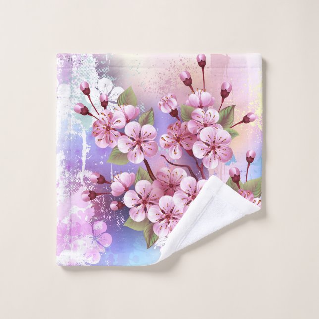 Rosa Sakura auf dem Hintergrund der Malerei Badhandtuch Set (Waschlappen)