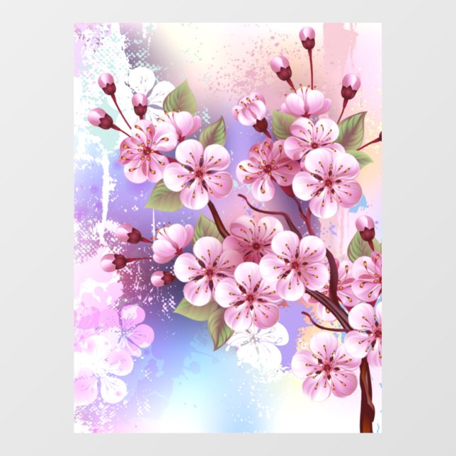 Rosa Sakura auf dem Hintergrund der Malerei Fensteraufkleber (Blatt)