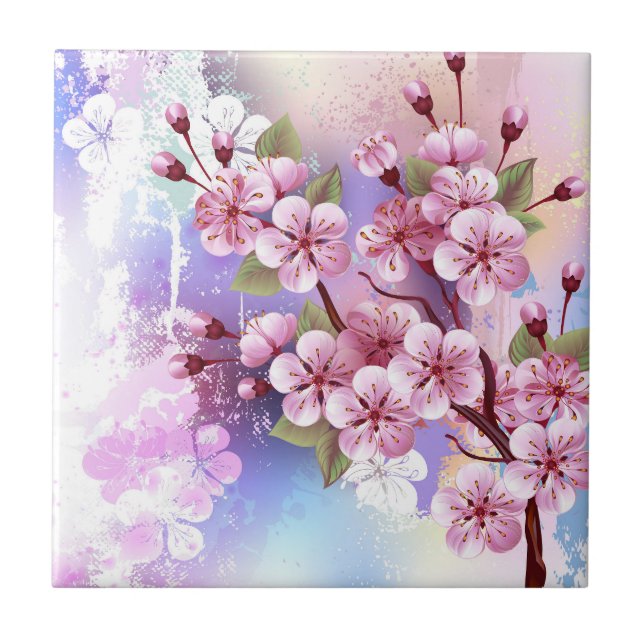 Rosa Sakura auf dem Hintergrund der Malerei Fliese (Vorderseite)