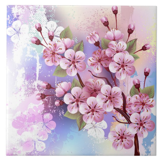 Rosa Sakura auf dem Hintergrund der Malerei Fliese (Vorderseite)
