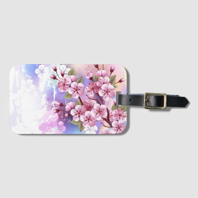 Rosa Sakura auf dem Hintergrund der Malerei Gepäckanhänger (Vorderseite (Horizontal))