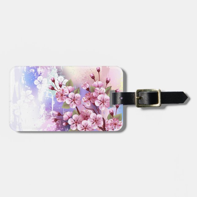 Rosa Sakura auf dem Hintergrund der Malerei Gepäckanhänger (Vorderseite horizontal)