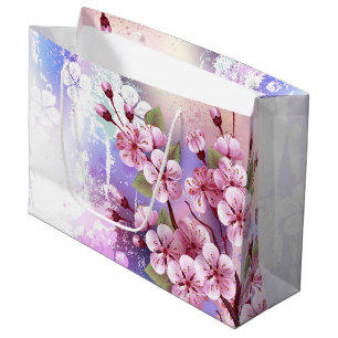 Rosa Sakura auf dem Hintergrund der Malerei Große Geschenktüte