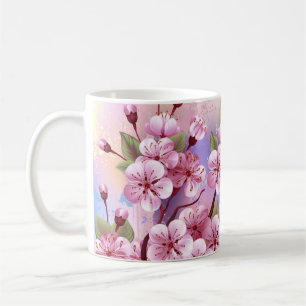 Rosa Sakura auf dem Hintergrund der Malerei Kaffeetasse