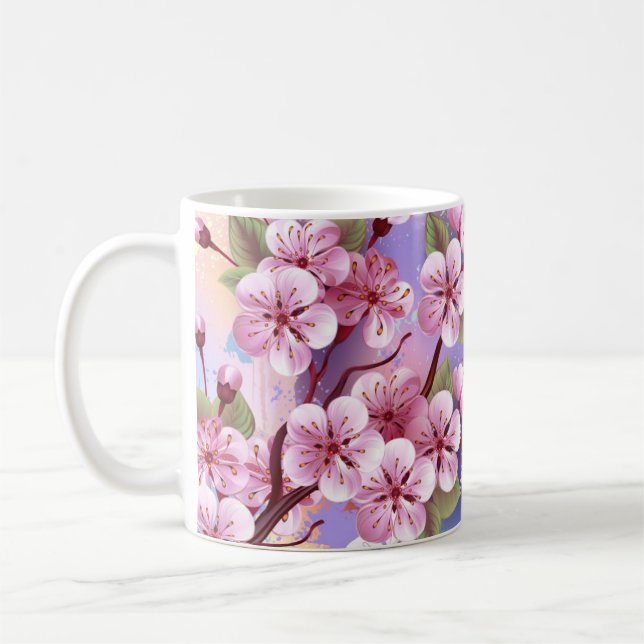 Rosa Sakura auf dem Hintergrund der Malerei Kaffeetasse (Links)
